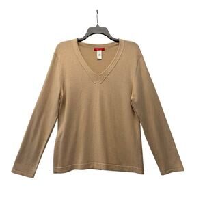 AK ANNE KLEIN Silk Cashmere Blend V-Neck Sweater Women's Size L Camel Tan